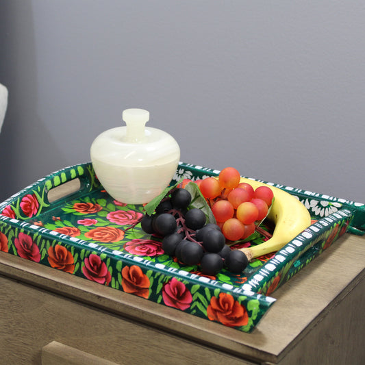 Natural Geo Green Floral Rosewood Serving Tray