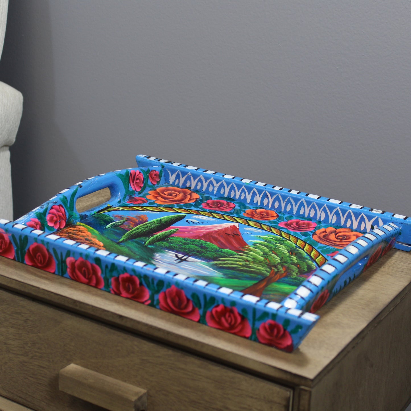 Natural Geo Light Blue Floral Rosewood Serving Tray