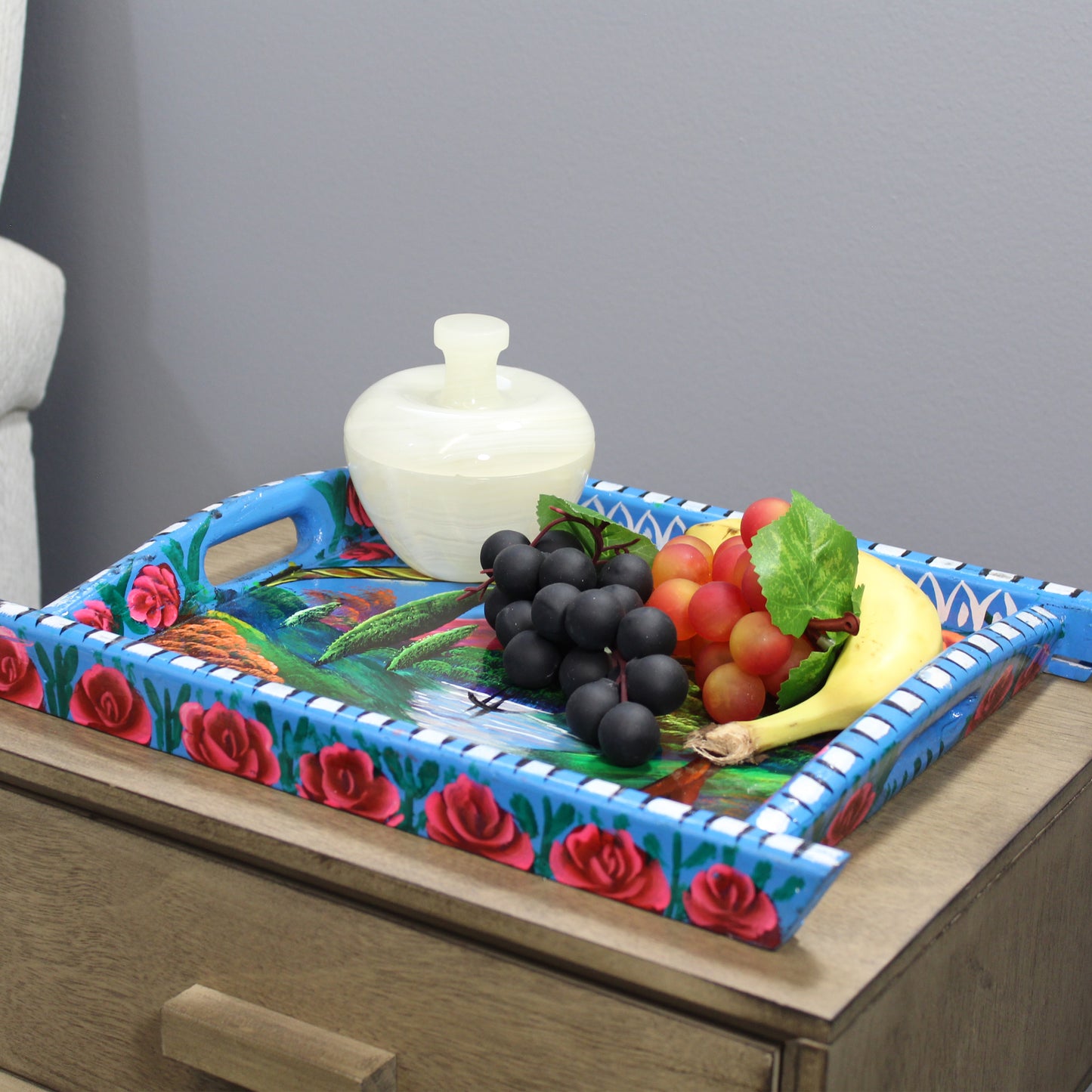 Natural Geo Light Blue Floral Rosewood Serving Tray