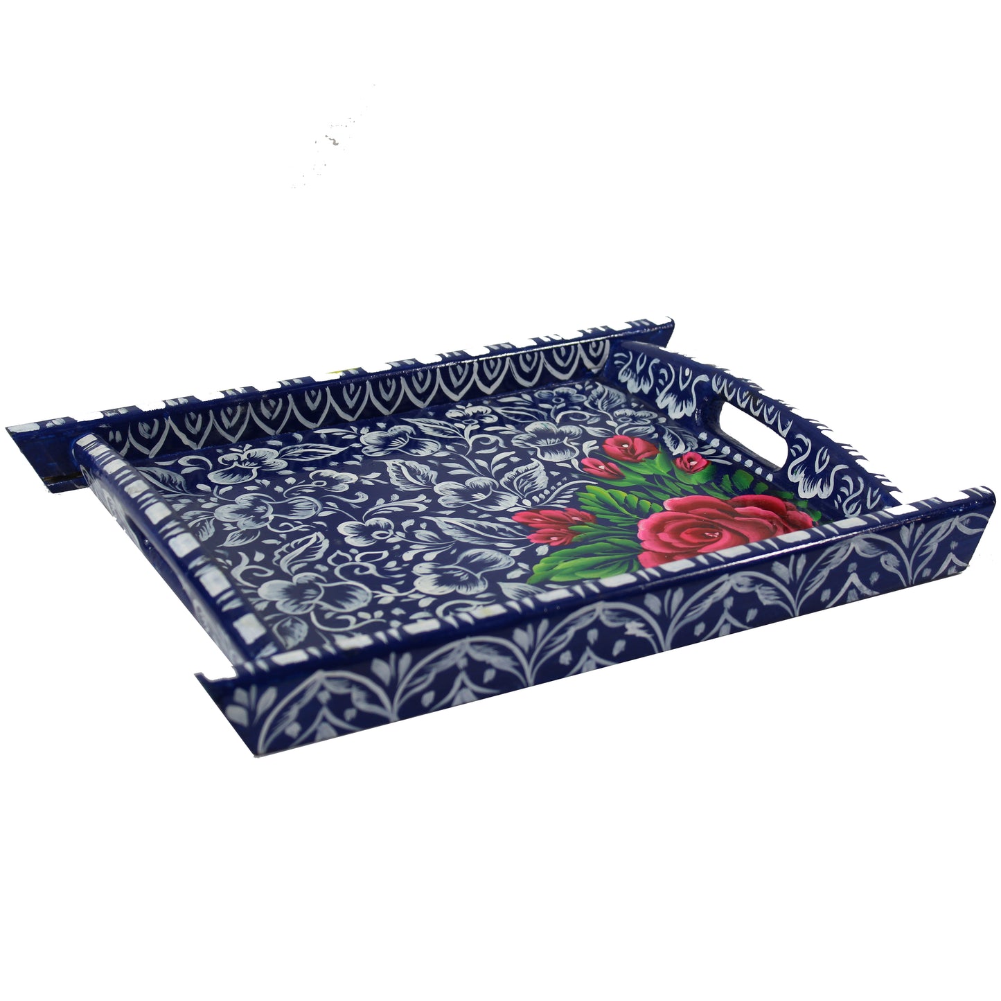 Natural Geo Dark Blue Floral Rosewood Serving Tray