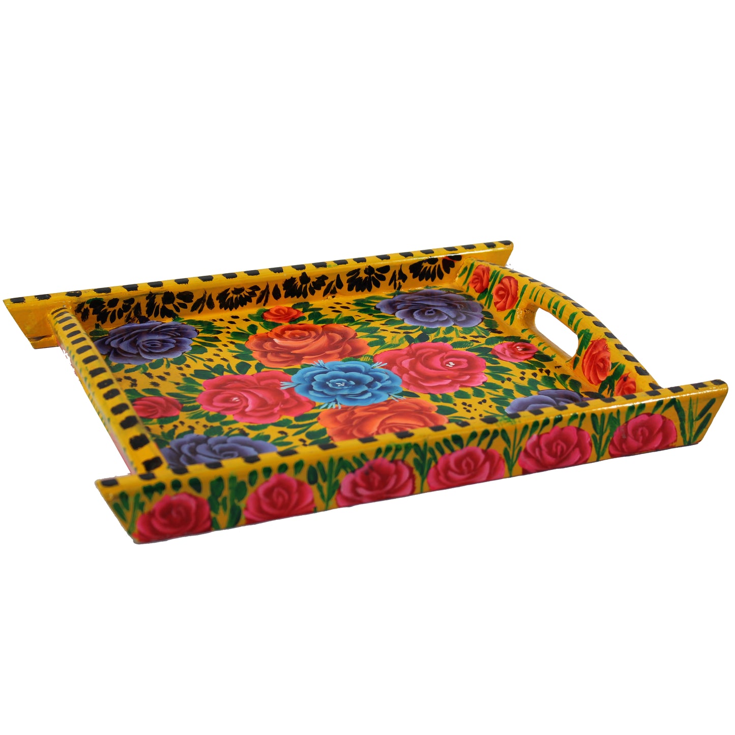 Natural Geo Yellow Floral Rosewood Serving Tray