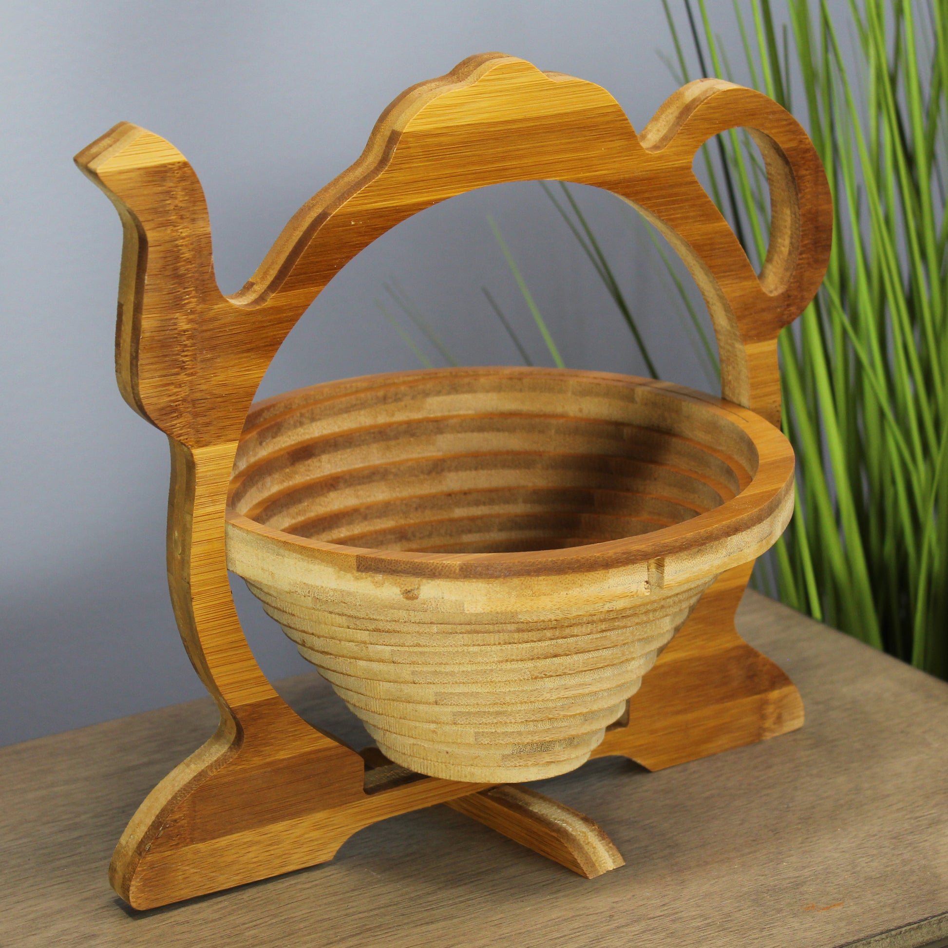 Natural Geo Handcarved Wooden Teapot Collapsible Fruit Tray