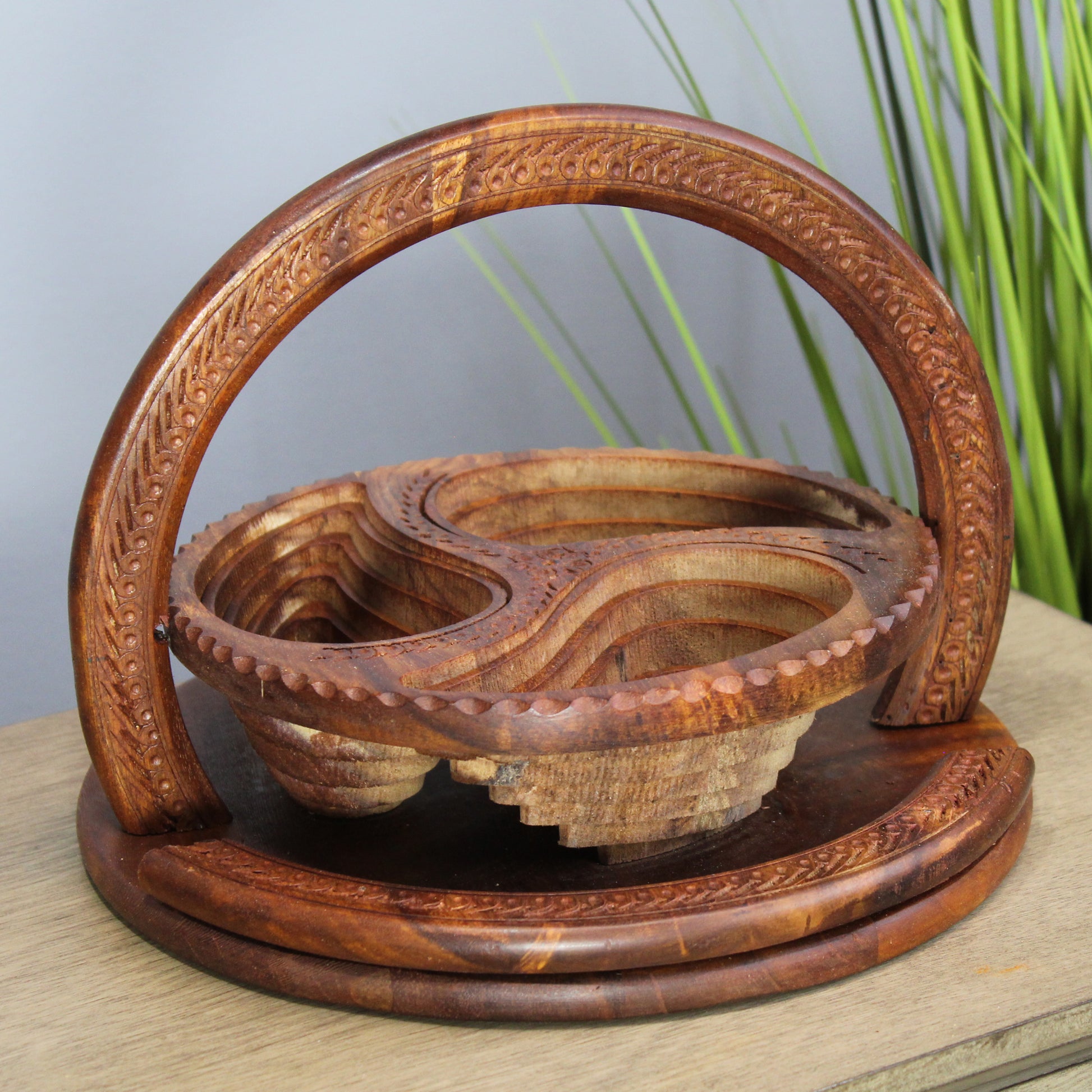 Natural Geo Handcarved Wooden Decorative Collapsible Nuts Basket