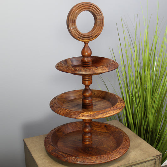 Natural Geo Decorative Rosewood Handcarved Wooden Tiered Stand